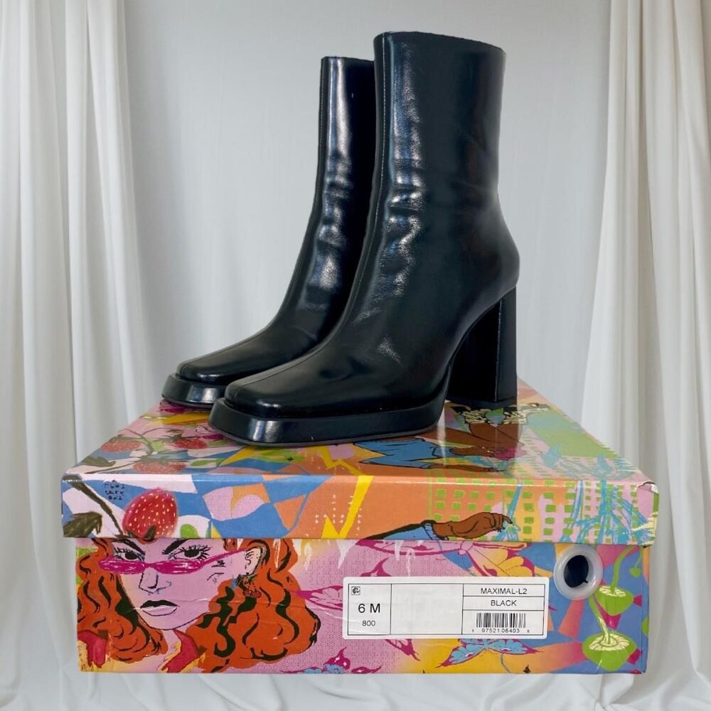 Jeffrey Campbell Maximal - L2 Boot Square Toe Black Smooth Leather Boots US 6